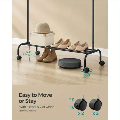 Clothes Rail, Clothes Rack, Single Clothes Hanging Rail, Heavy-Duty Metal Frame, with Wheels and Shelf, 50 kg Total Max. Load, 103. 5 cm Wide, Clothing Storage