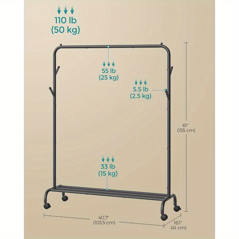 Clothes Rail, Clothes Rack, Single Clothes Hanging Rail, Heavy-Duty Metal Frame, with Wheels and Shelf, 50 kg Total Max. Load, 103. 5 cm Wide, Clothing Storage