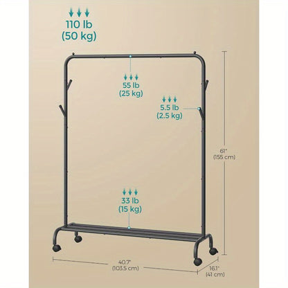 Clothes Rail, Clothes Rack, Single Clothes Hanging Rail, Heavy-Duty Metal Frame, with Wheels and Shelf, 50 kg Total Max. Load, 103. 5 cm Wide, Clothing Storage