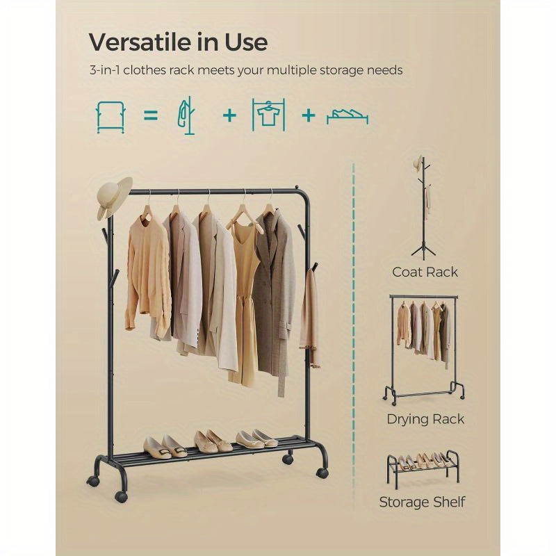 Clothes Rail, Clothes Rack, Single Clothes Hanging Rail, Heavy-Duty Metal Frame, with Wheels and Shelf, 50 kg Total Max. Load, 103. 5 cm Wide, Clothing Storage