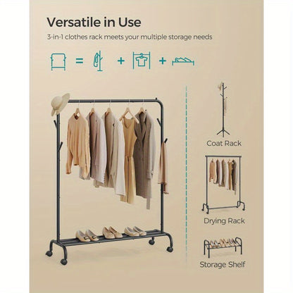 Clothes Rail, Clothes Rack, Single Clothes Hanging Rail, Heavy-Duty Metal Frame, with Wheels and Shelf, 50 kg Total Max. Load, 103. 5 cm Wide, Clothing Storage