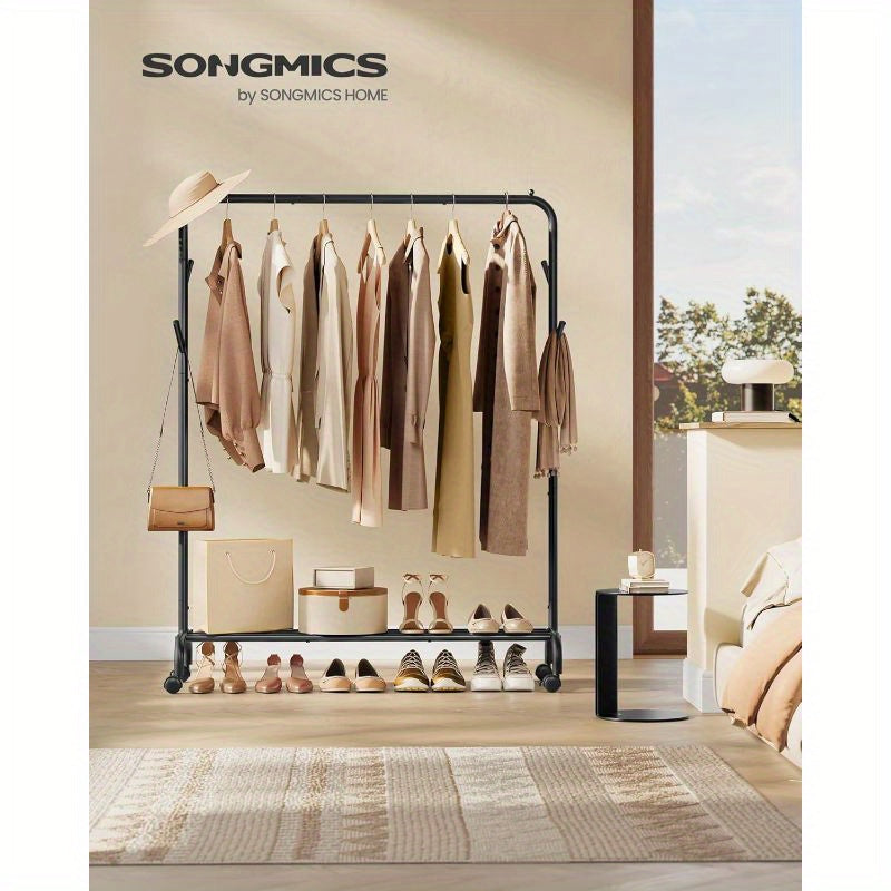 Clothes Rail, Clothes Rack, Single Clothes Hanging Rail, Heavy-Duty Metal Frame, with Wheels and Shelf, 50 kg Total Max. Load, 103. 5 cm Wide, Clothing Storage
