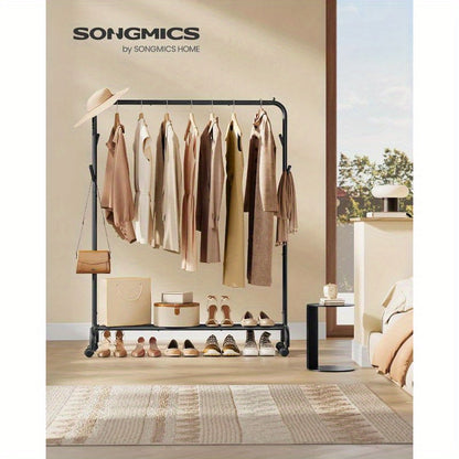 Clothes Rail, Clothes Rack, Single Clothes Hanging Rail, Heavy-Duty Metal Frame, with Wheels and Shelf, 50 kg Total Max. Load, 103. 5 cm Wide, Clothing Storage