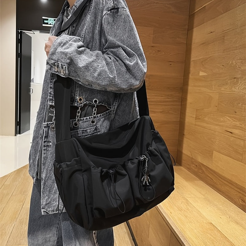 Drawstring Detail Crossbody Bag, Large Capacity Shoulder Bag, Fashion Zipper Bag With Bag Charm