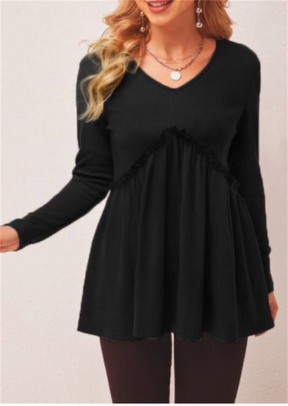 Loose-fit Ruffled Pleated V-neck T-shirt For Women