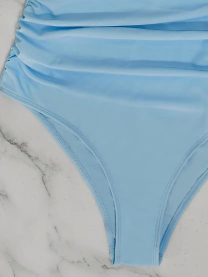 V Neck Ruched One Piece Swimsuit with Flattering Ruffle Accent - Stylish Cut Out Back Buckle Detail & High Cut Leg - Premium Womens Swimwear Bathing Suit