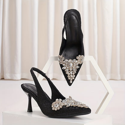 Rhinestone Stiletto Heels - Glamorous Pointed Toe Pumps with Ankle Straps