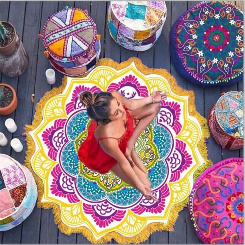 Bohemian Round Beach Towel & Yoga Mat - 150cm Tassel Mandala Throw Blanket