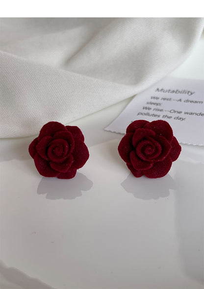 Red Rose Flower Velvet Stud Earrings High-end Retro Ear Decoration Jewelry For Women