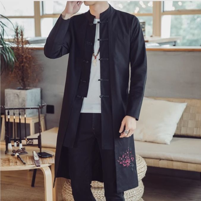 Chinese Style Men's Mid-length Cotton Linen Trench Coat Jacket Embroidered Coat