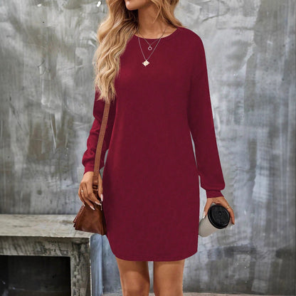 Women's Long-Sleeve Round-Neck Knitted Solid-Color Dress
