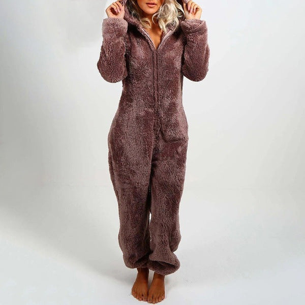 European And American Autumn Winter Women's Wear Fleece-lined Thick Furry Jumpsuit Hooded Cat Ear Pajamas
