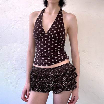 Sexy Black Polka-Dot Printed All-Match Backless V-Neck Halter Neck Bodycon Tank Top