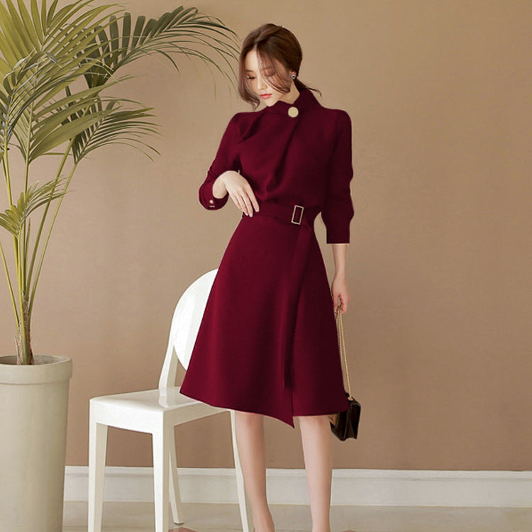 Long-sleeved waist slimming mid-length A-line skirt