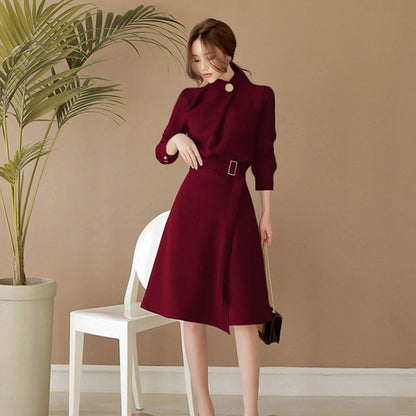 Long-sleeved waist slimming mid-length A-line skirt