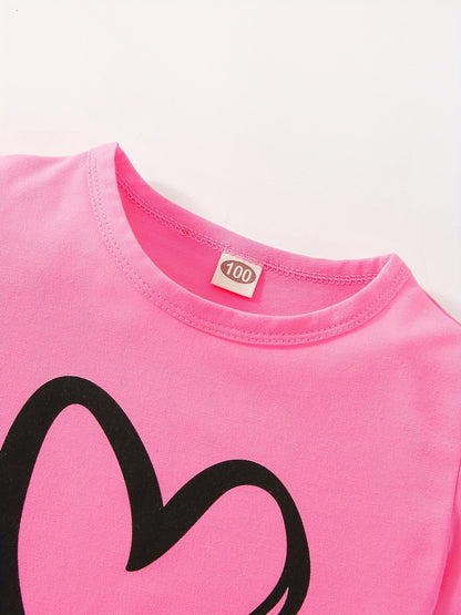 Girls' Fashion Set: Heart Print Round Neck Short Sleeve T-Shirt & Sweatpants 2pcs Casual Cotton Outfit, Perfect for Outdoor