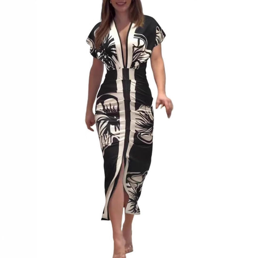 Fashionable Baroque Retro Pattern Long-Sleeve Slim-Fit Deep V-Neck Bodycon Mid-Length Skirt
