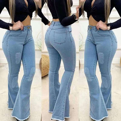 High Waist Bootcut Jeans for Women - Elastic Tassel Denim Trousers