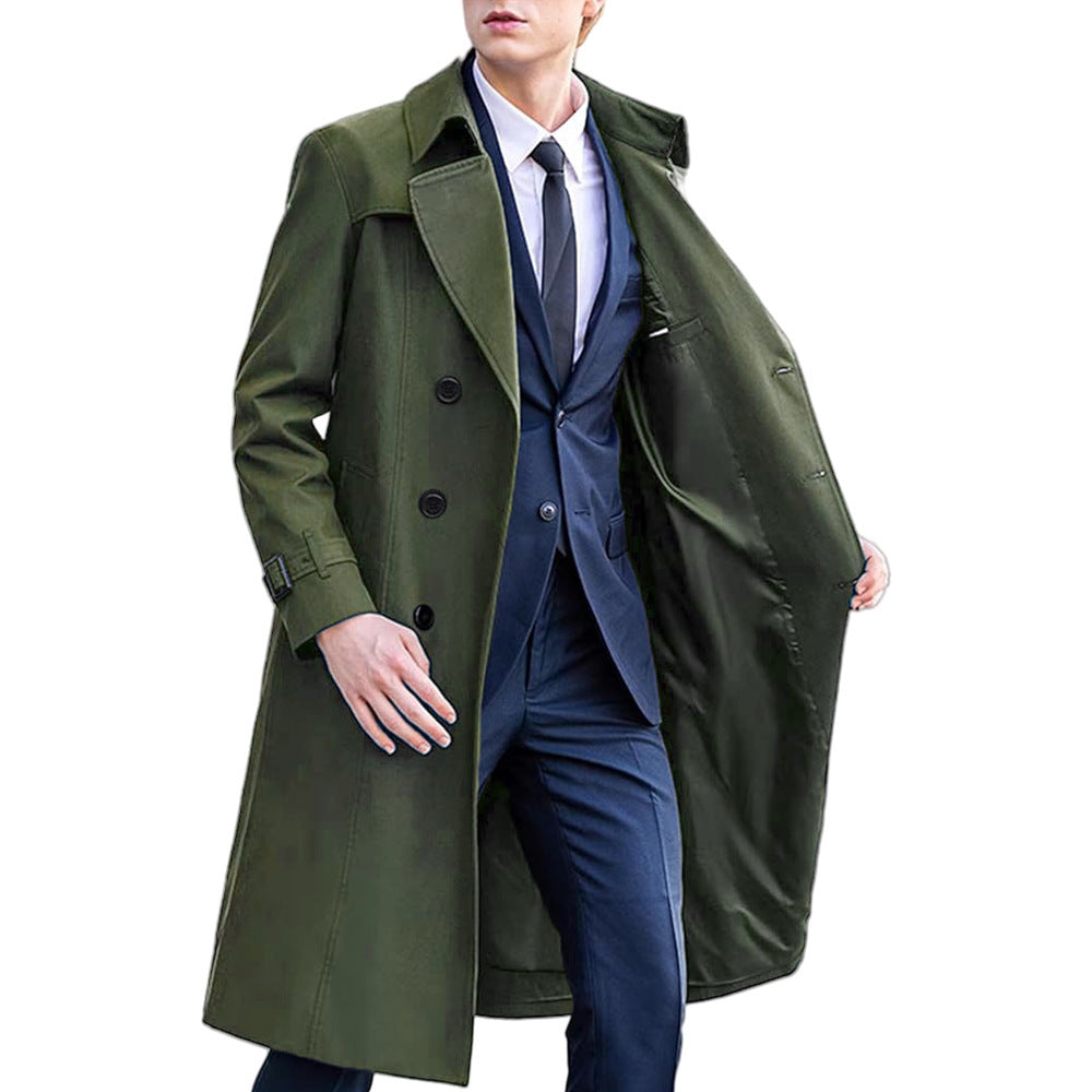 Premium Men's Long Trench Coat - Classic Solid Color Overcoat