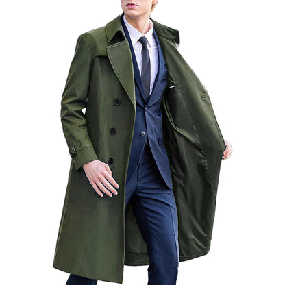 Premium Men's Long Trench Coat - Classic Solid Color Overcoat
