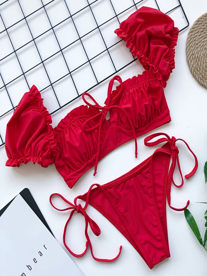 Ruffle Lettuce Trim Ruched Bikini Sets, Tie Side Drawstring High Cut Two Piece Swimsuit, Women's Swimwear & Clothing