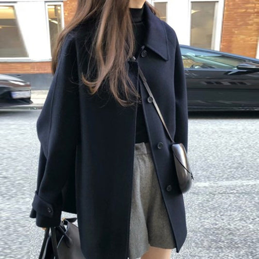 Black Short Wool Coat Outerwear Thickened Design Elegant And Sophisticated Style Petite Figures
