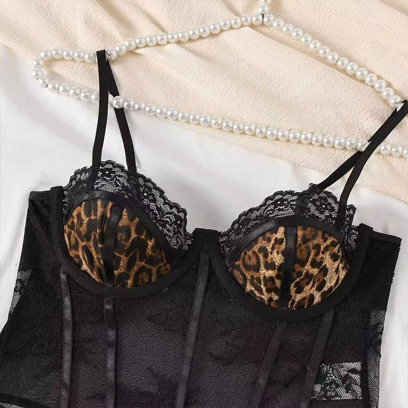 Strapless Leopard-Print Lace Push-Up One-Piece Nightgown Set