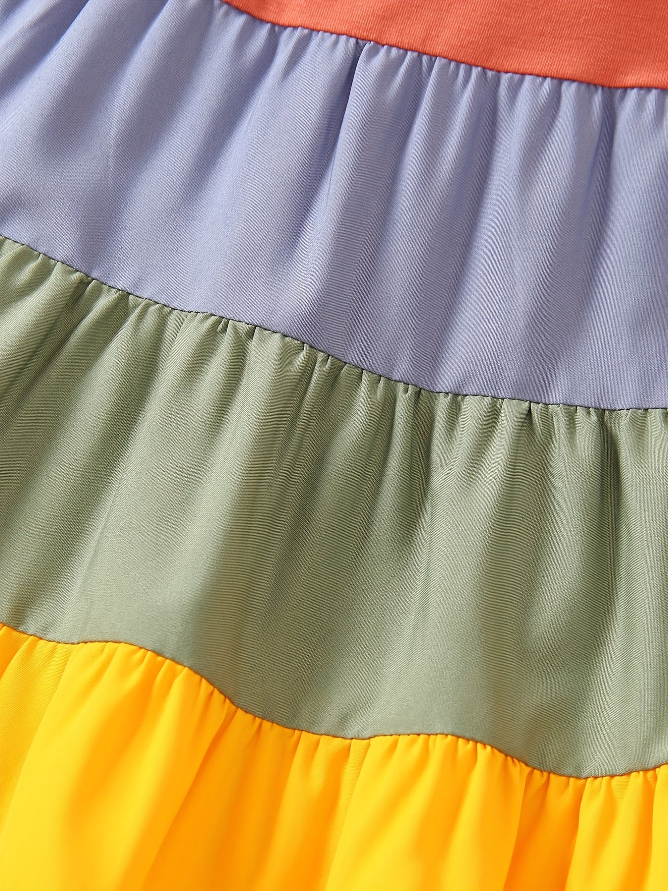 Girls' Spaghetti Strap Color-Blocked Rainbow Cake Dress - Perfect for Outdoor Occasions.
