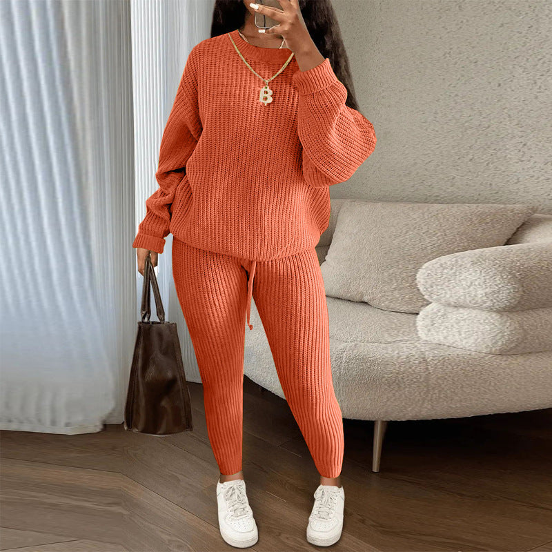 Women's Winter Ribbed Knit Co-ord Set - Loose Pullover Sweater & Drawstring Pants