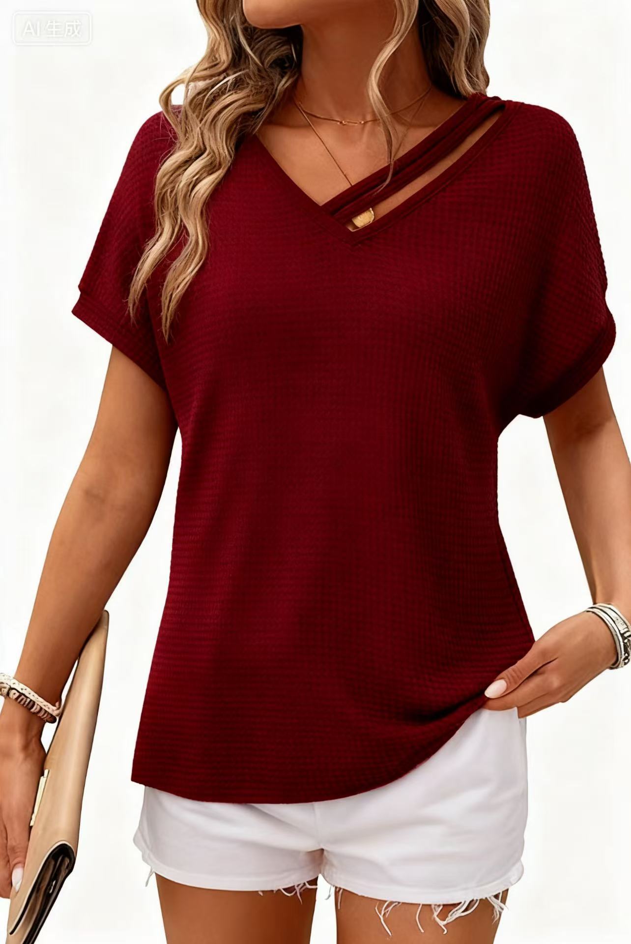 Waffle-knit Short-sleeve V-neck Women's Fashion Casual