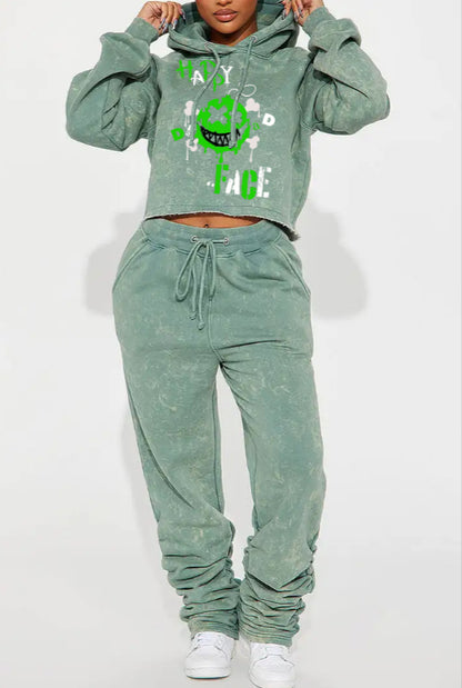 Casual Printed Hooded Short Sweatshirt Set