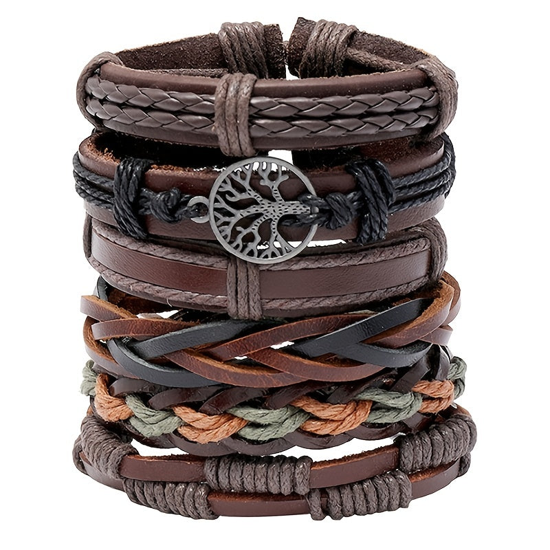 Men's Leather Bracelet Set - 6 Piece Tree of Life Braided Bracelets for Men | Retro Boho Style