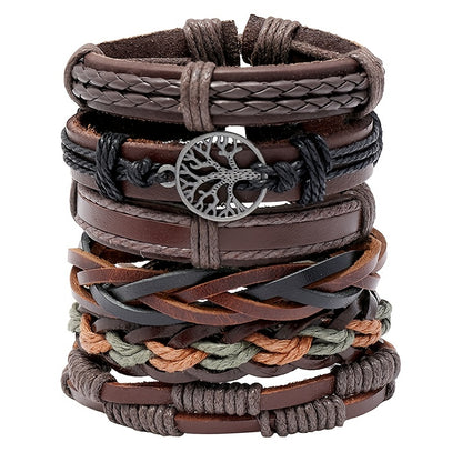 Men's Leather Bracelet Set - 6 Piece Tree of Life Braided Bracelets for Men | Retro Boho Style