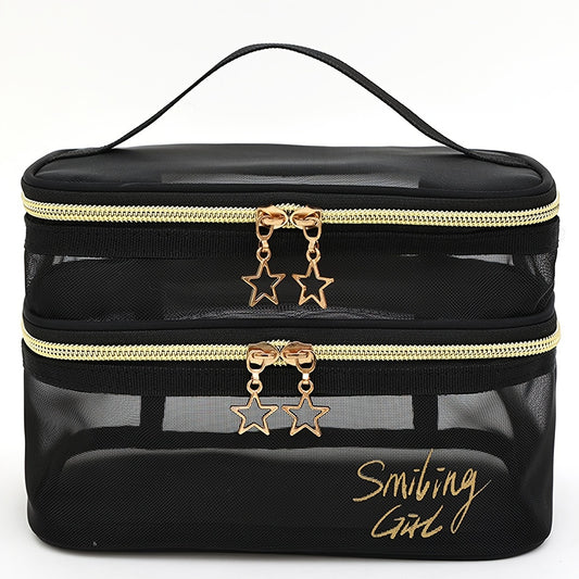 Spacious Travel Cosmetic Organizer - Dual-Layer Clear Mesh Makeup Bag with Secure Zipper for Women