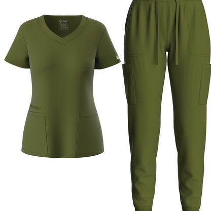 Premium Medical Scrubs Set - V-Neck Top & Drawstring Pants | Professional Healthcare Uniform for Women