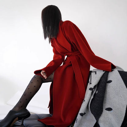 Handmade Red Wool Mid-length Cashmere Coat