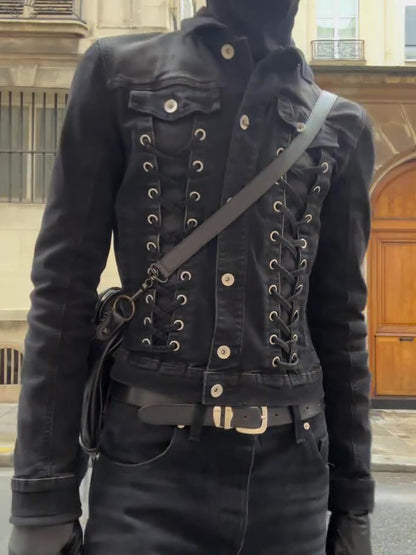 Black Lace-Up Deconstructed Denim Jacket