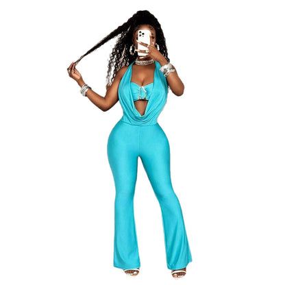 Women's Fashion Solid-Color High-Waist Sleeveless Halter Jumpsuit