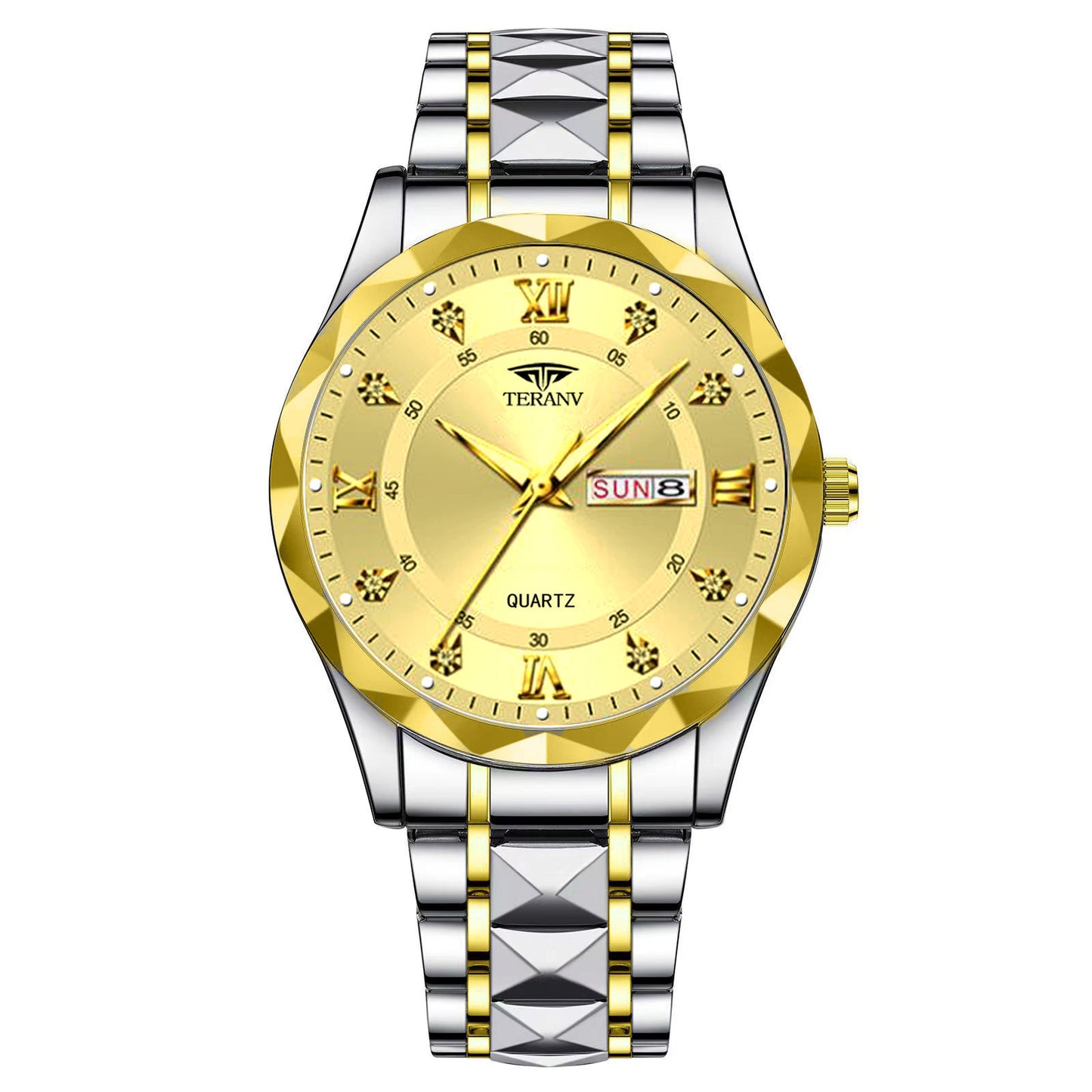 Herren-Armbanduhr mit Diamanten, Muschel und Kalender – Luxusuhr aus Edelstahl