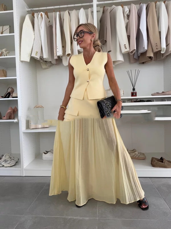 Women's Casual Solid-Colored Skirt And Pleated Long Skirt Set