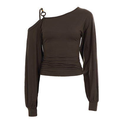 Vintage Off-shoulder Beaded-strapped Lantern-sleeve T-shirt
