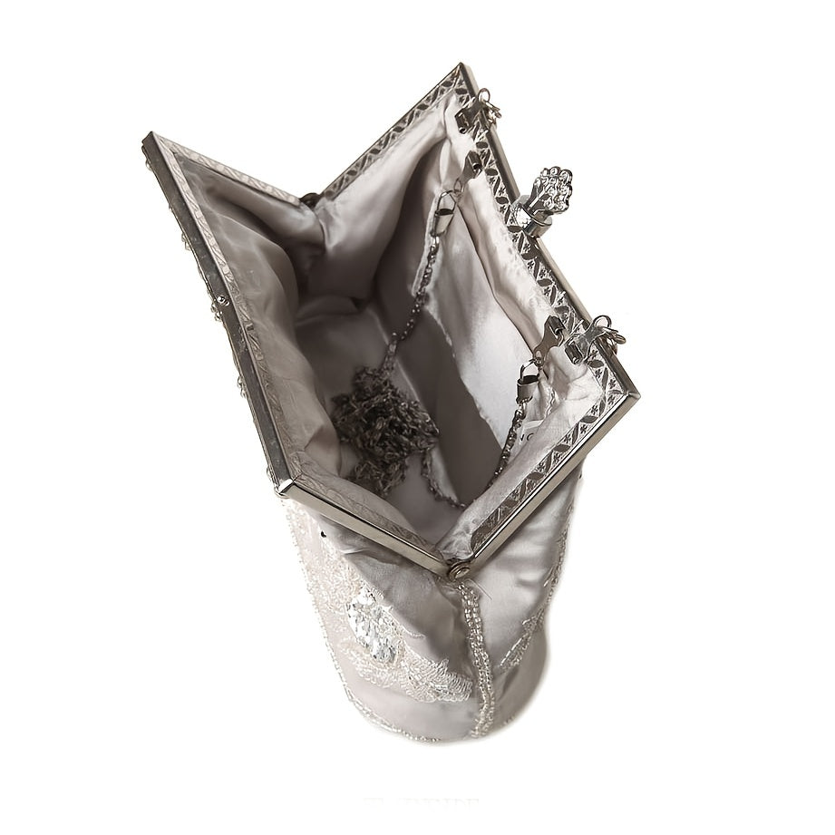 Handmade Beaded Clutch Bag - Elegant Embroidered Rose Silk Evening Purse with Removable Strap