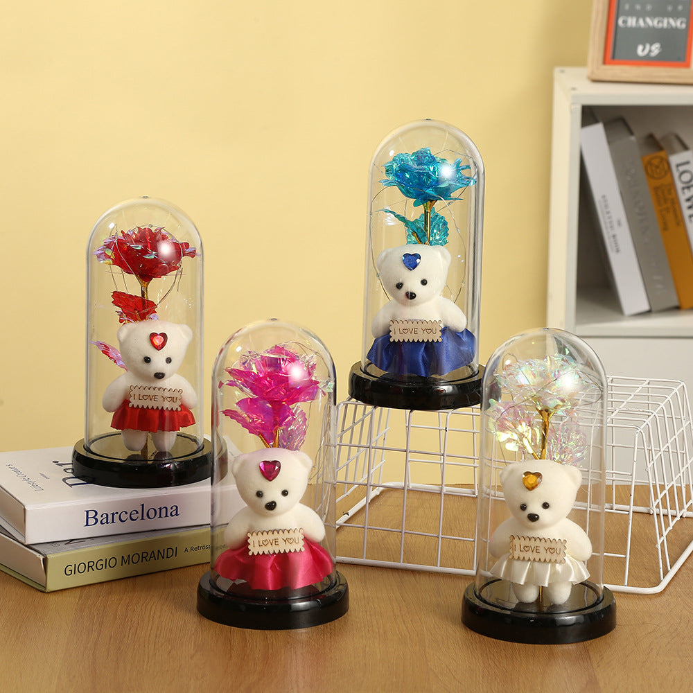 Rose Bear Preserved Fresh Flower Glass Cover Valentine's Day LED Light Decoration Gift