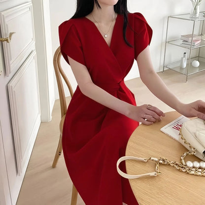 Women's Solid-Color French-Style Cross-Neckline Lace-Up Bud Dress