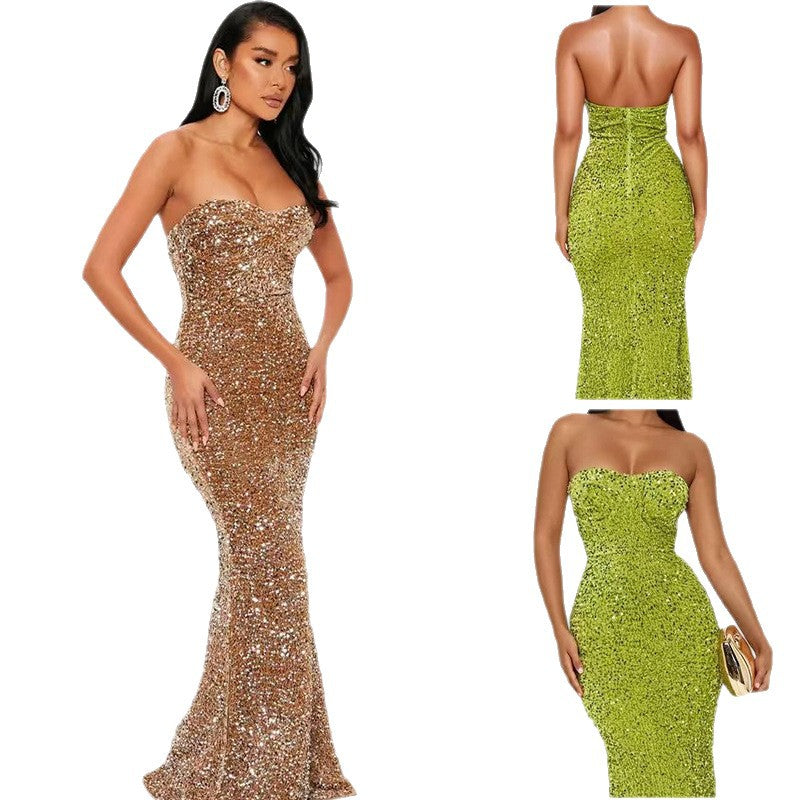 Women's Solid Color Strapless Zipper Velvet Sequin Bodycon Dress