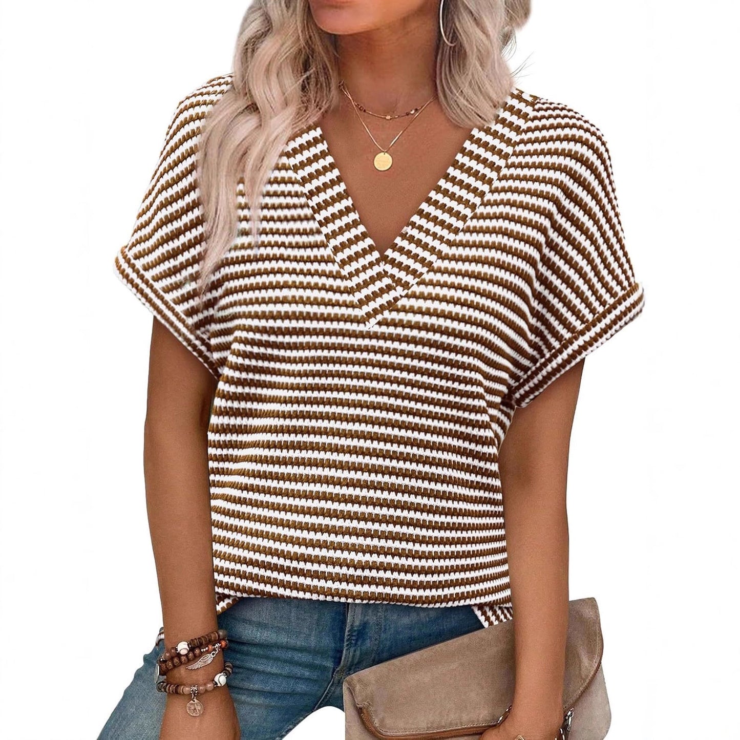 Casual Striped Textured Short-Sleeve Arrival V-Neck Knitted T-Shirt