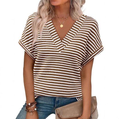 Casual Striped Textured Short-Sleeve Arrival V-Neck Knitted T-Shirt
