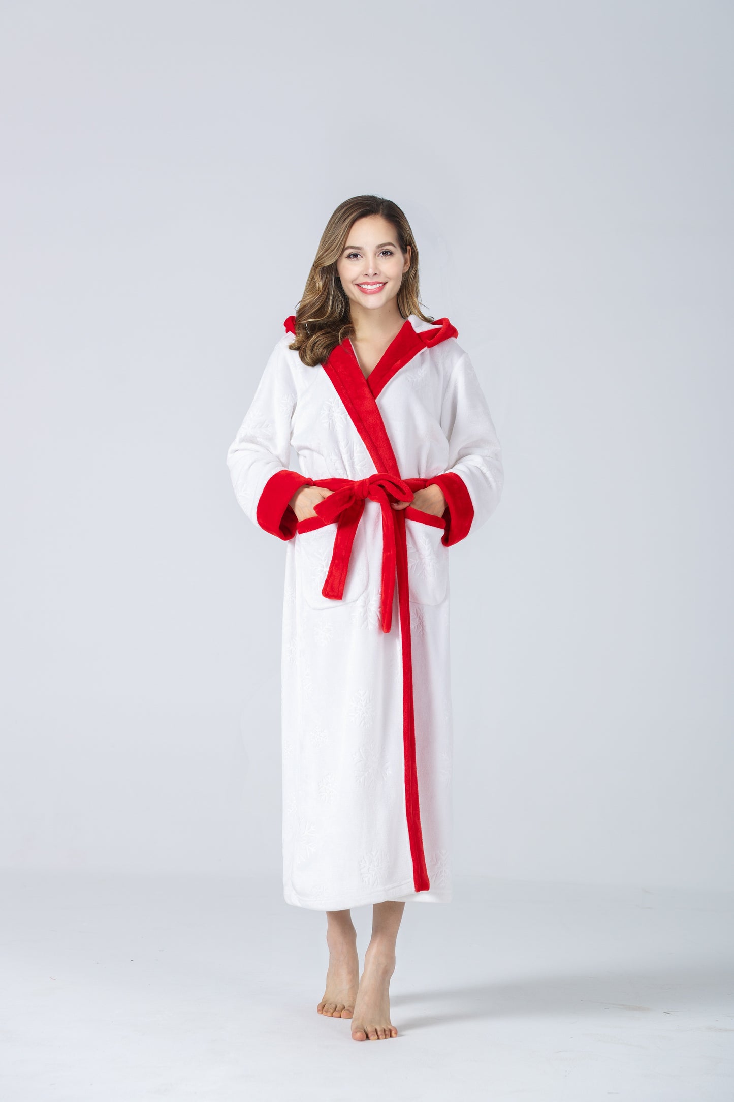 RONGTAI Womens Plush Fleece Hooded Bathrobe, Thick Nightgown Long Robe Sleepwear With Two Side Pockets And Belt