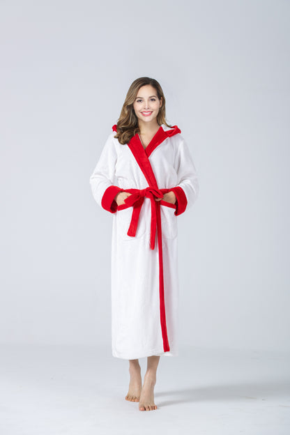 RONGTAI Womens Plush Fleece Hooded Bathrobe, Thick Nightgown Long Robe Sleepwear With Two Side Pockets And Belt
