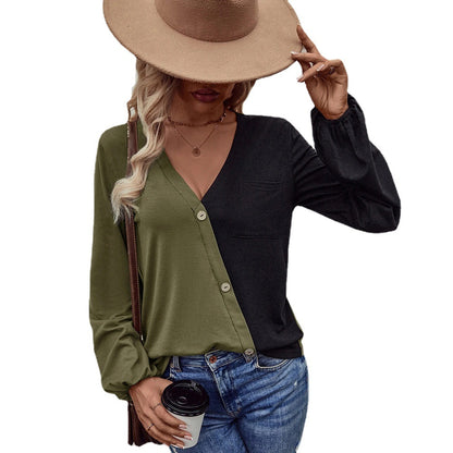 Loose Casual Pocket Patchwork Contrast Color Long Sleeve Women's T-shirt